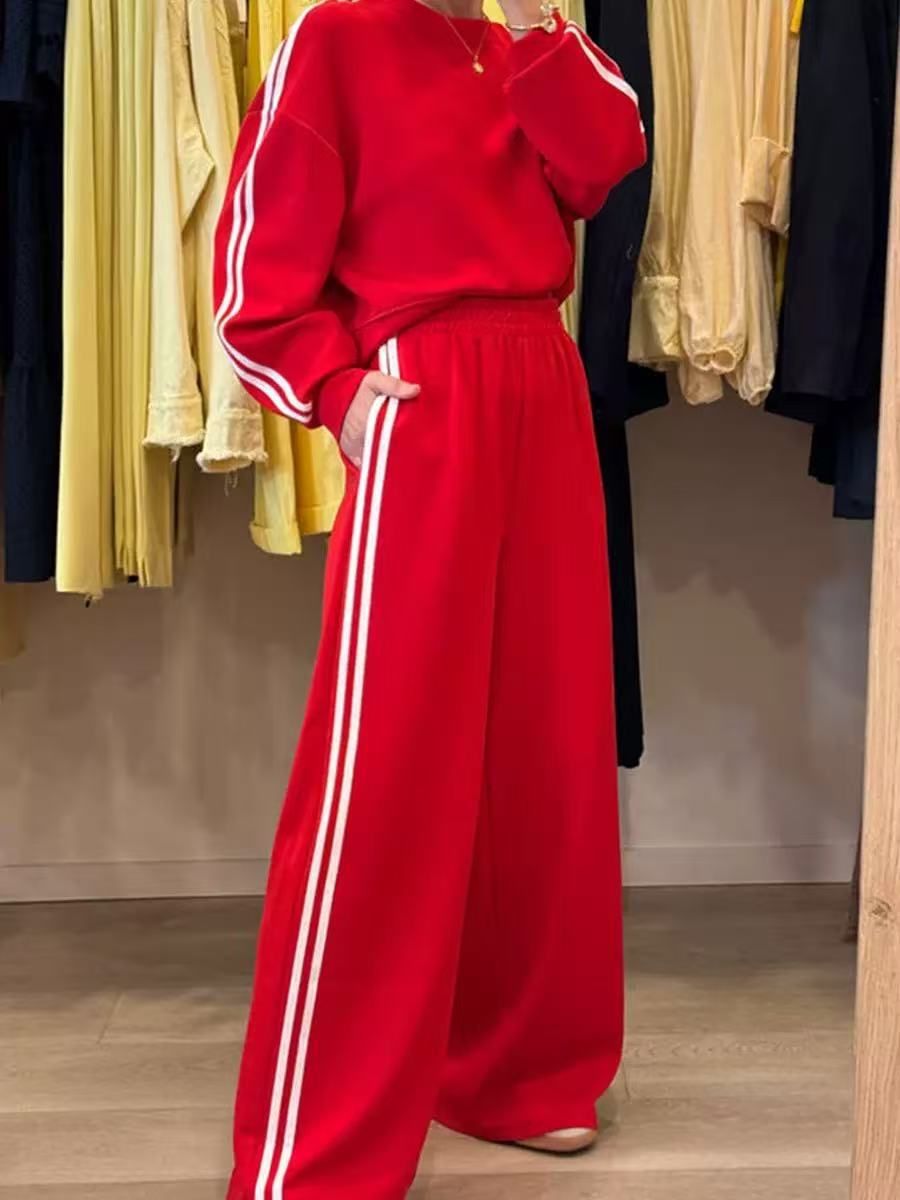 Women's Clothing Women's Stylish Side Stripe Casual Two-Piece Set With Pockets - Autumn Fashion Outfit In Black, Red, Navy, Beige (S-XXL)_ecoleips.com
