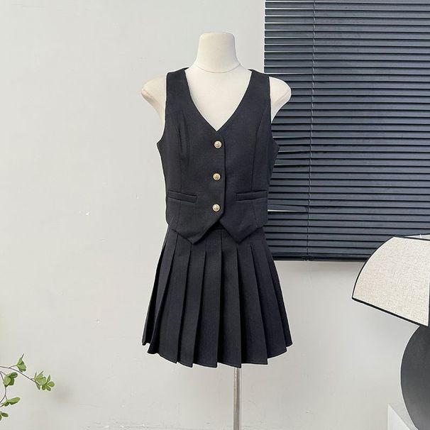 Women's Clothing Single Breasted Slit Suit Vest Camisole Vest Women's Summer High Waist Pleated Skirt Two Piece Suit_ecoleips.com