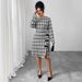 Women's Clothing Plus Size Clothes Elegant Black & White Checkered Dress With Bow Detail, Round Neck Long Sleeve Slim Fit Dress For Women_ecoleips.com