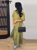 Loose Patchwork Women's Pleated Dresses Fashion Short Sleeve O-neck Long Robes 2026 Summer New Female Elegant Casual Dress_ecoleips.com