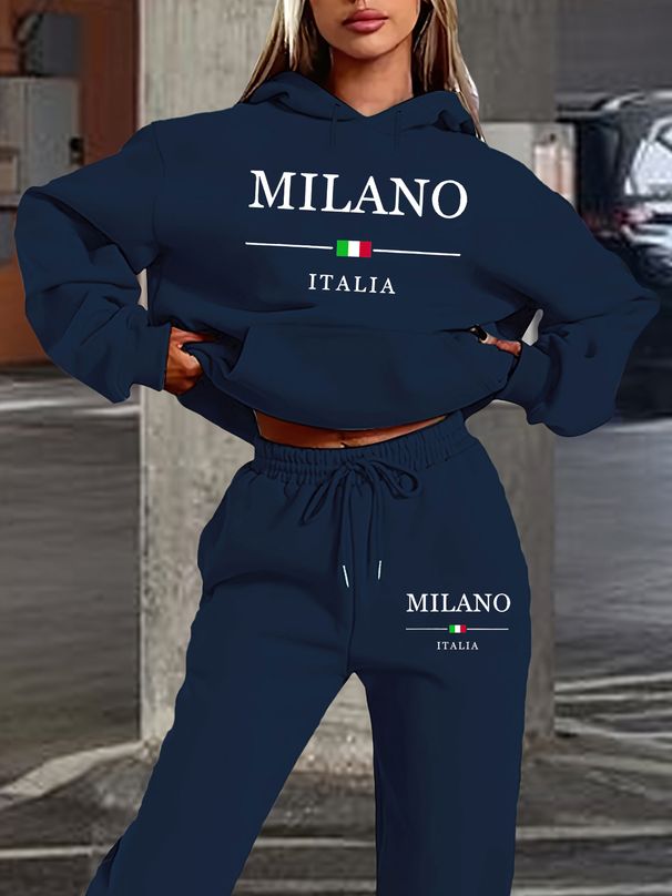 Women's Autumn/Winter Casual Fashion MILANO ITALIA Pattern Printed Thick Fleece Warm Hoodie+Sports Pants Set-713_ecoleips.com