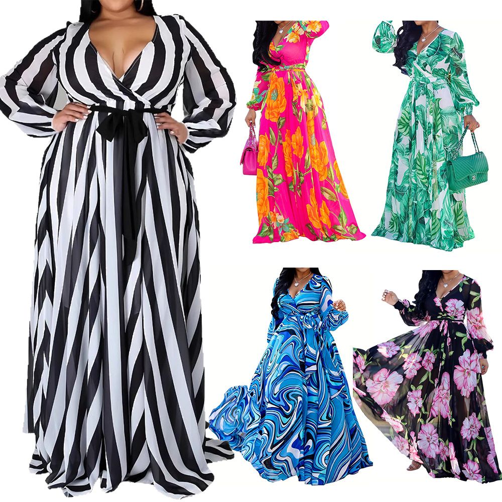 Women's Clothing Plus Size Fashionable Casual Dress, V Neck Plus Size Floral Print Full Skirt, Perfect For Vacation And Beach Relaxation._ecoleips.com