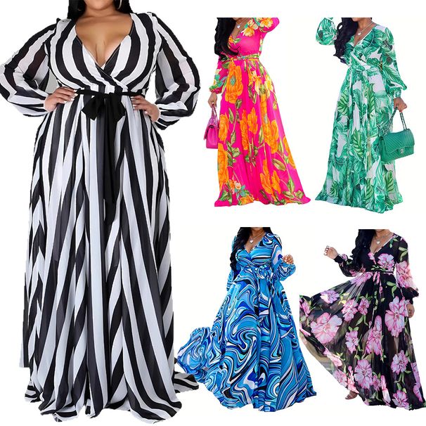 Women's Clothing Plus Size Fashionable Casual Dress, V Neck Plus Size Floral Print Full Skirt, Perfect For Vacation And Beach Relaxation._ecoleips.com