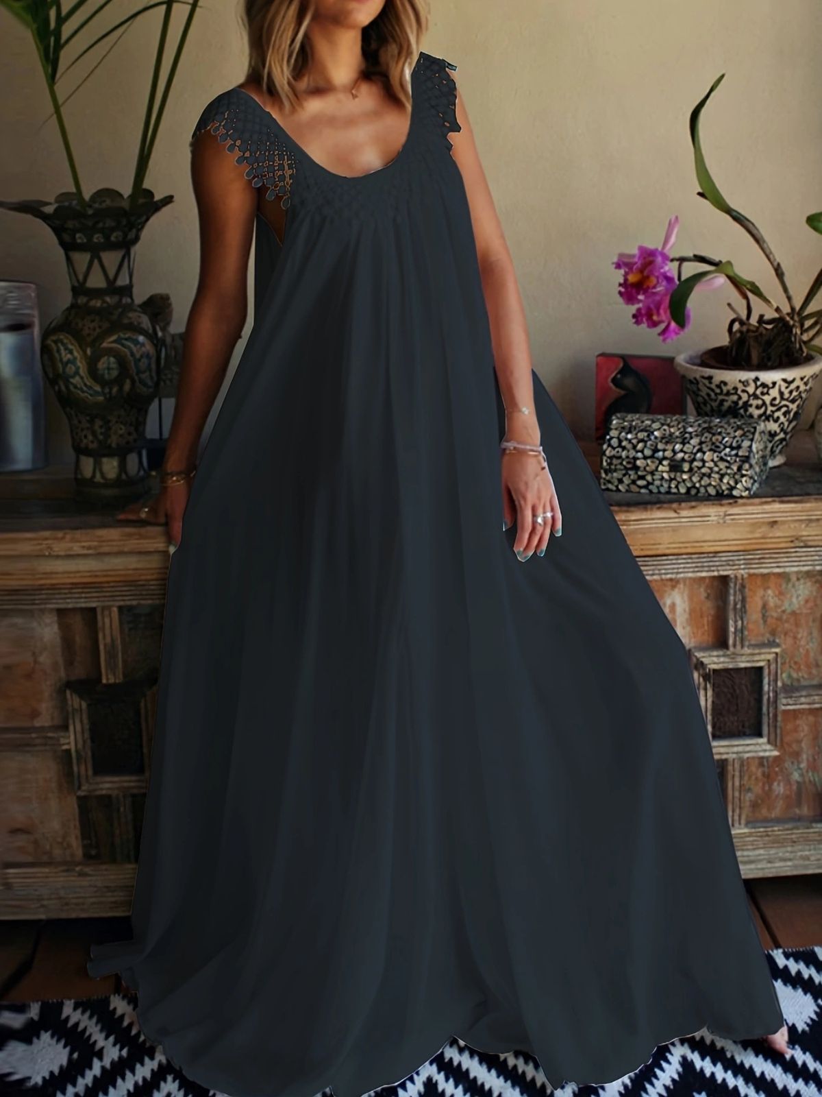 Women's Clothing Bohemian Fringe Maxi Dress - Flowy Plus Size Tunic With Adjustable Straps_ecoleips.com