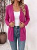 Hot Pink V Neck Pit Rib Knit Cardigan, Loose Lightweight Breathable Soft Skin-touch Button Long Sleeve Air Conditioning Jacket_ecoleips.com