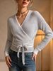 White Grey Stripe Wrap Tie Waist Pit Rib Knit Sweater, Loose Deep V Lightweight Breathable Soft Skin-touch Long Sleeve Pullover_ecoleips.com