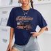 Women's Clothing Women's Casual Navy Blue T-Shirt Round Neck Short Sleeve Letter Car Print Simple Sporty Style_ecoleips.com