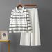 Women's Elegant Striped Polo Collar Knitted Two Piece Set Single Breasted Sweater And Loose Wide Leg Pants Suit_ecoleips.com