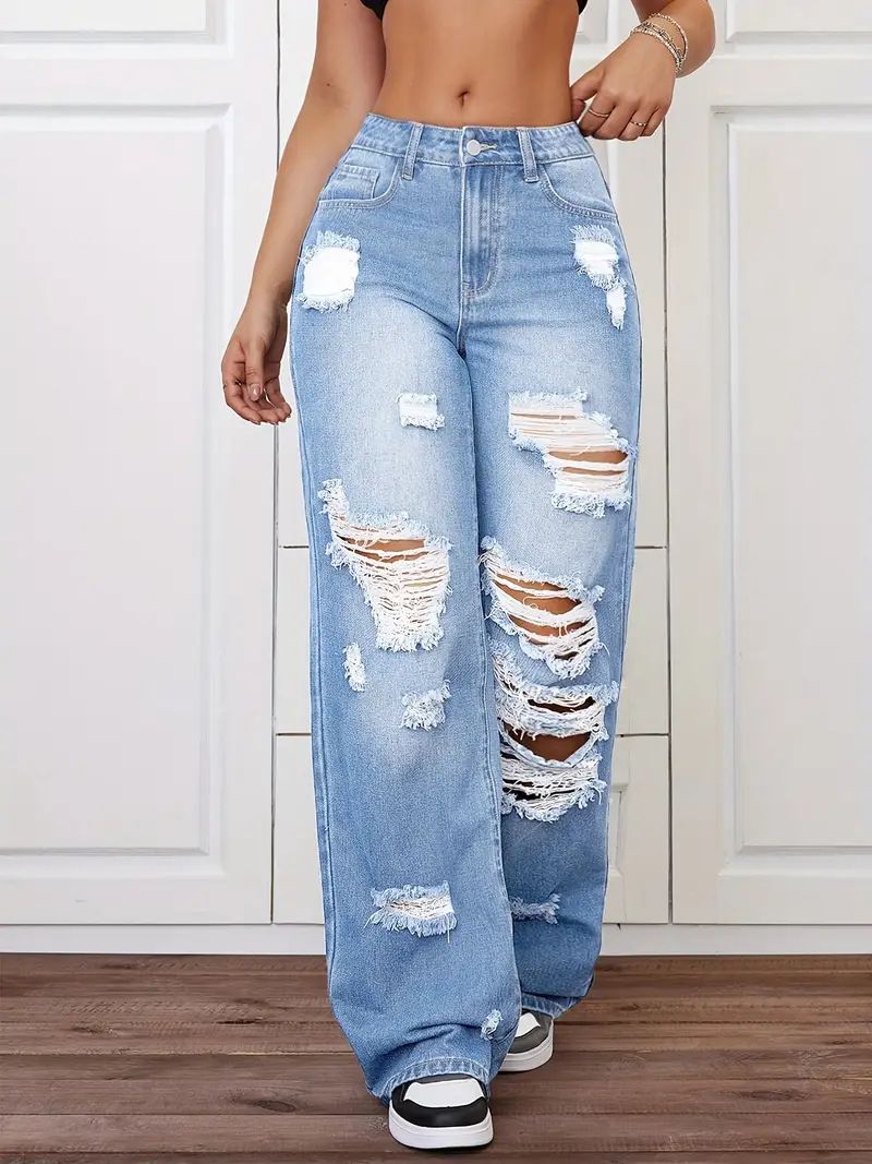 Distressed Denim Jeans For Women - High Waist Straight Leg Ripped Jeans With Vintage Wash In Blue & Grey_ecoleips.com