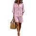 Women's Casual Cotton Top And Shorts Set V Neck Ruffle Three Quarter Sleeve Button Detail European American Style Summer Wear_ecoleips.com