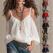 Chic Off-Shoulder Blouse With Puff Sleeves - Flowy Vacation Shirt For Women, Solid Color Loose Fit Tops_ecoleips.com