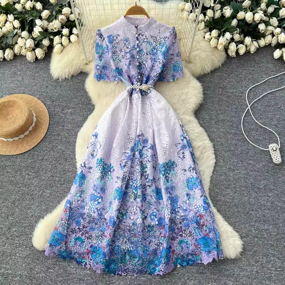 Women's French Style Retro Lace Print Dress Elegant Classy Hollow Out High Waisted A-Line Long Skirt_ecoleips.com