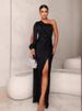 K New Women's Slanted Collar, Raglan Sleeves, Pleated Waist, Slit, Sexy Long Skirt_ecoleips.com