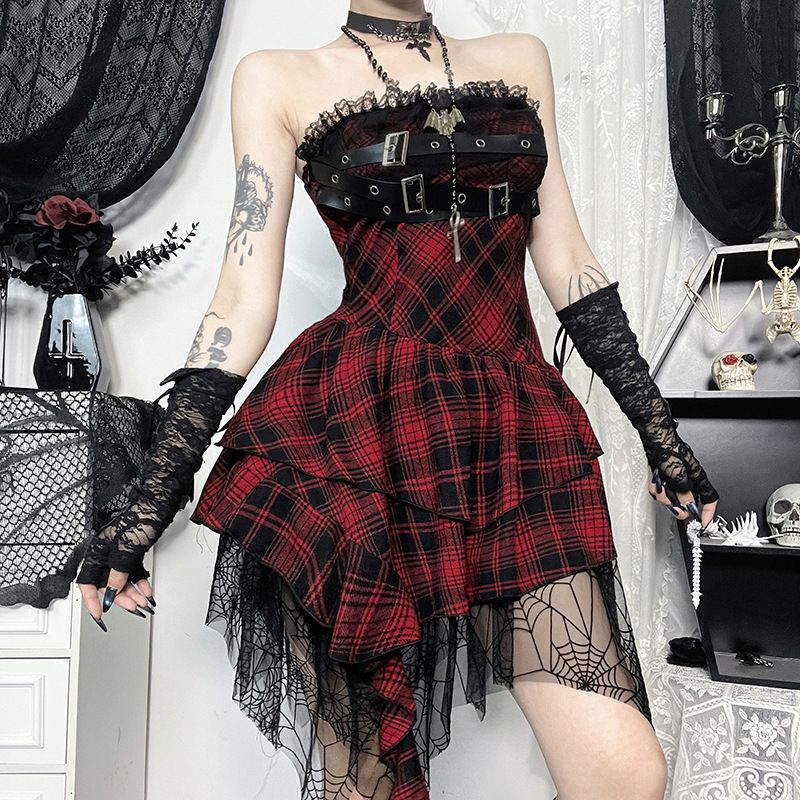 Women's Elegant Sexy Red Plaid Strapless Bodycon Skirt Dress Summer 2024 New Fashion Casual Midi Skirt_ecoleips.com