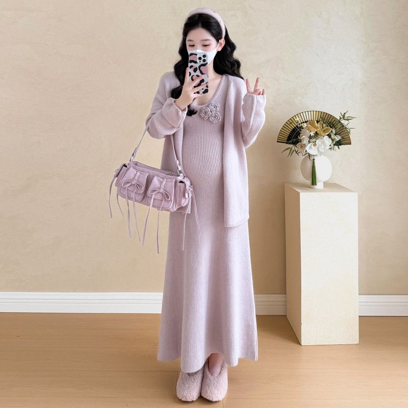 Autumn New Korean Fashion 3D Crochet Vest Dress Maternity Two-Piece Set_ecoleips.com