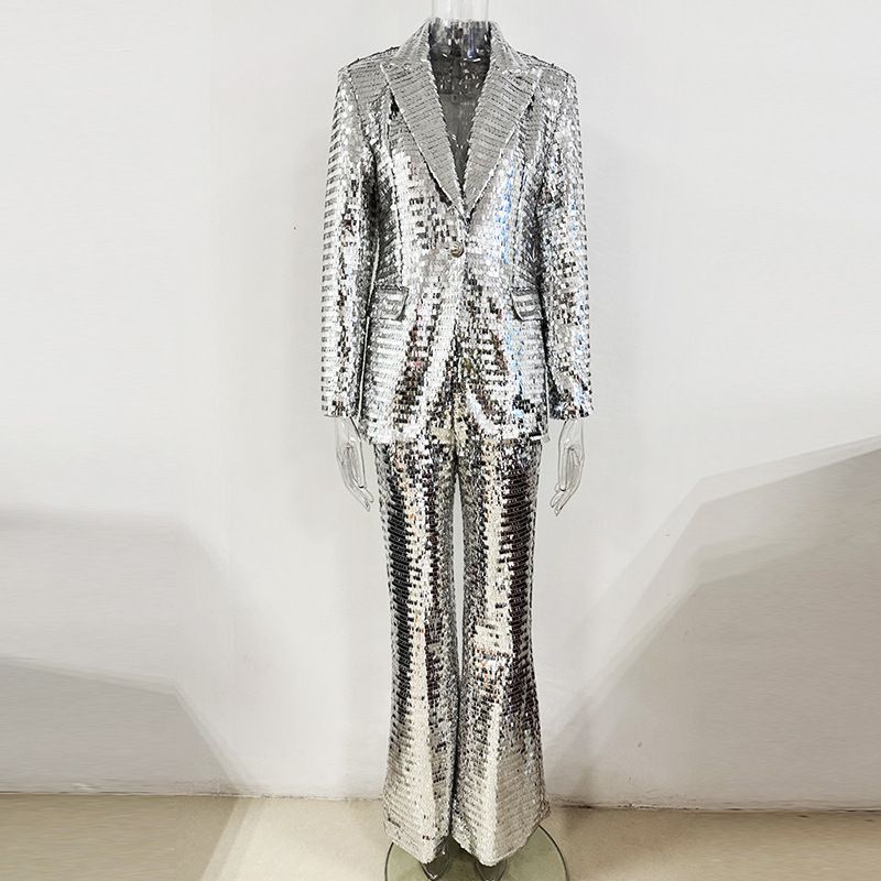 K New Fashion One Piece Buckle Mesh Sequin Suit Pants Set Two Piece Set_ecoleips.com