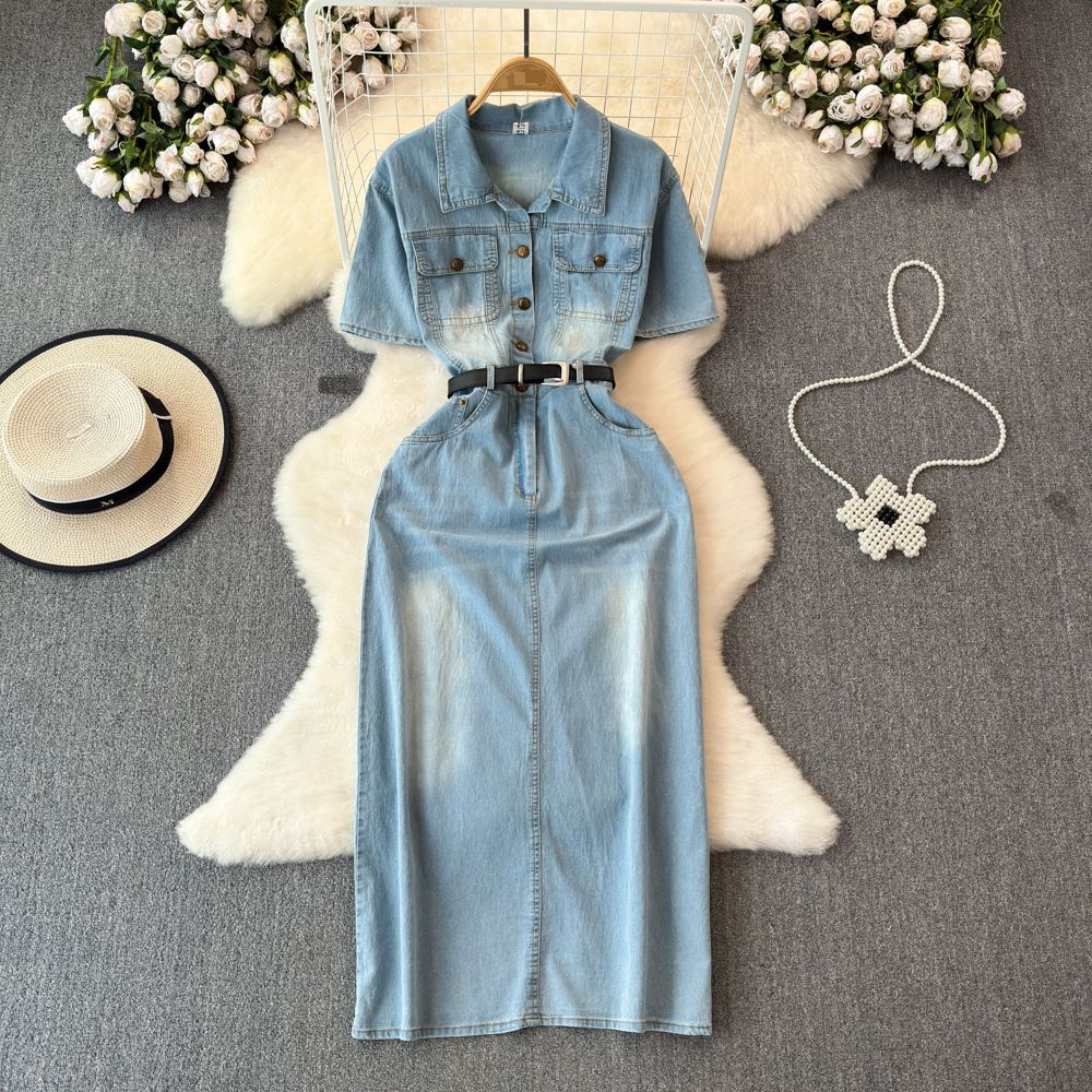 Women's Clothing Denim Dress For Women Summer New Style High End Temperament Waist Slimming Medium Length Skirt_ecoleips.com