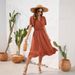 Women's Clothing V Neck High Waist Tie Dress Fur Ball Short Sleeve Dress Casual Travel Dress_ecoleips.com