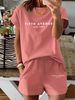 Summer New Pink Letter Pattern T-Shirt, Casual Print Round Neck Short Sleeve Top With Elastic Waist Pocket Women's Two-Piece Set-291_ecoleips.com