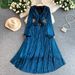 Elegant French Style Metallic V Neck Dress For Women Lantern Sleeve Summer Style Fitted Waist Full Skirt_ecoleips.com
