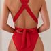 Women Red Ribbed One Piece Swimsuit Cross Back Wrap Tie Bow High Cut Cheeky Slimming Beach Monokini_ecoleips.com