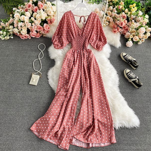 Women's Clothing Sexy V Neck Bat Sleeve Waist Slimming Polka Dot Print Jumpsuit Fashionable Temperament Wide Leg Trousers Jumpsuit For Women_ecoleips.com