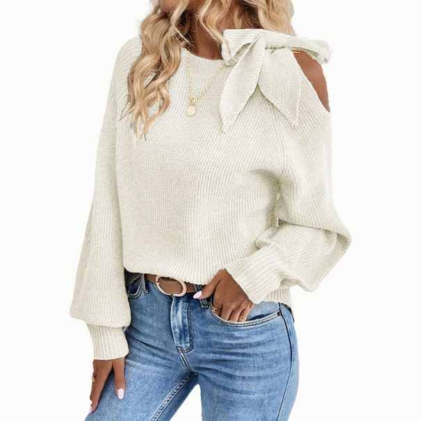 Women's Clothing Off-Shoulder Bow Tie Lantern Sleeve Knit Sweater - Elegant & Casual Pullover With Flowy Fit_ecoleips.com
