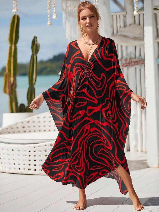 Cross Border Popular European And American Printed Chest Hand Woven Beach Cover Up Loose Large Size Holiday Bikini Outer Cover Up_ecoleips.com
