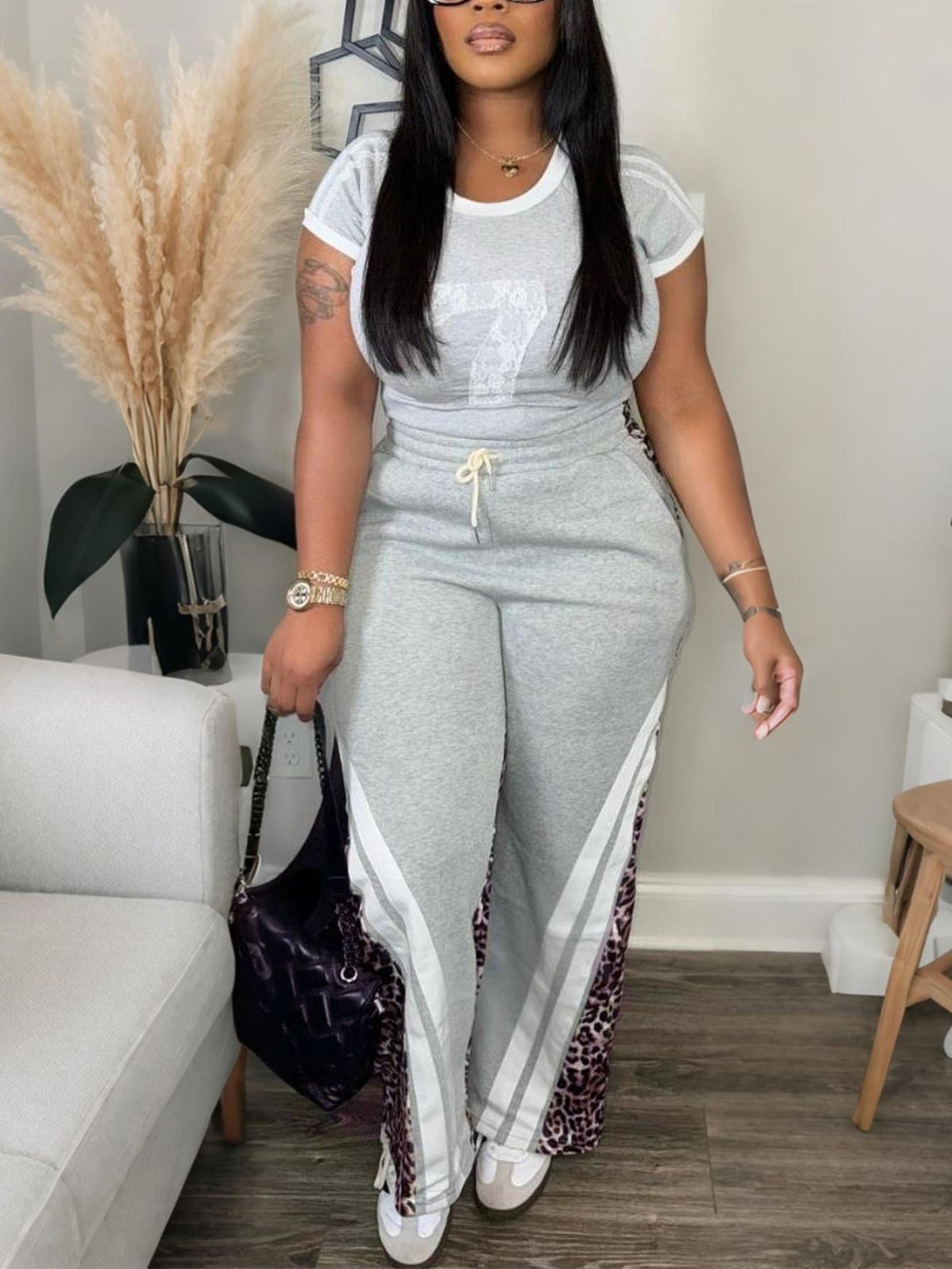 Women's Clothing Autumn Short Sleeved Trendy Street Leopard Print Color Matching High Waist Loose Trousers Suit_ecoleips.com
