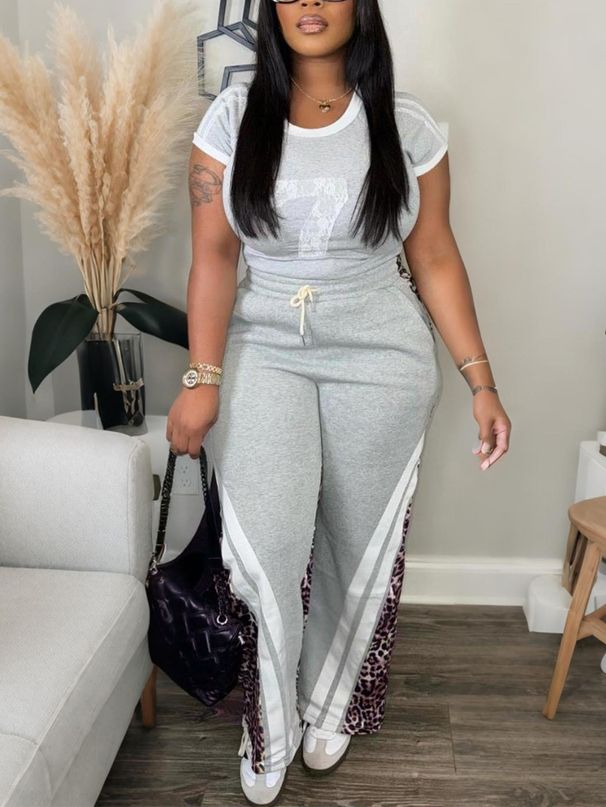 Women's Clothing Autumn Short Sleeved Trendy Street Leopard Print Color Matching High Waist Loose Trousers Suit_ecoleips.com