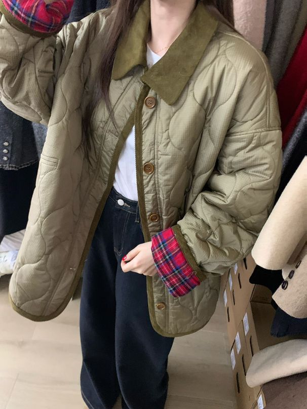 girl Yuanpai Bluepops 2025 Winter New Style Gourd Pattern Color-Block Patchwork Cotton Jacket Retro Plaid Coat W1167_ecoleips.com