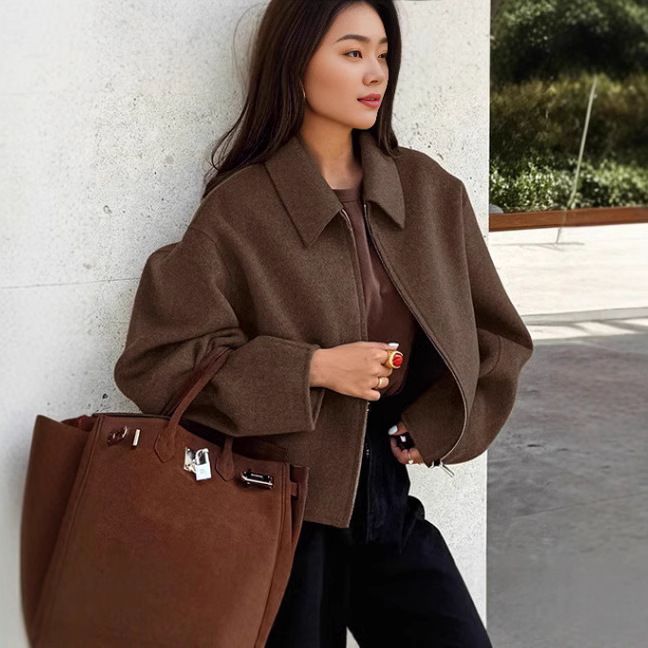 Women’s Casual Zip-Up Jacket – Lightweight Polyester Blend With Stand Collar (S-L, Earth Tones, EU/US Versatile Layering Essential)_ecoleips.com