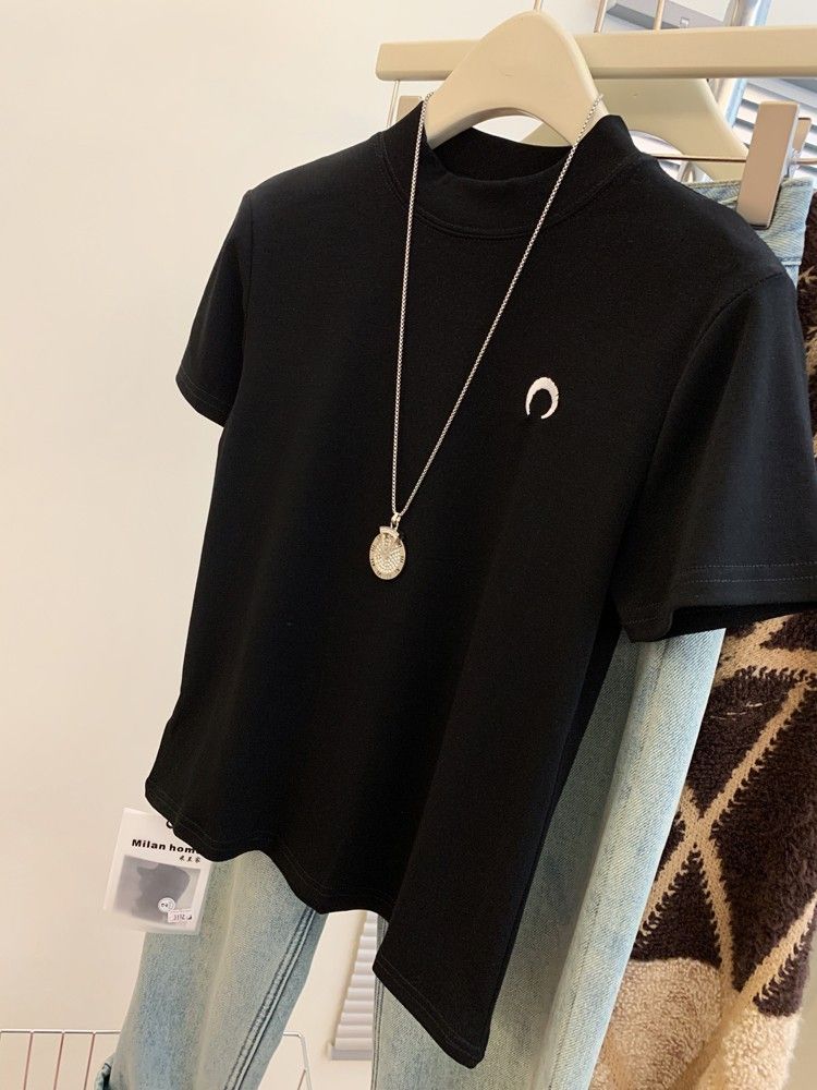 Women's Clothing Hot Girl Wear Small Stand Up Collar Pure Cotton Embroidered Shoulder Top Short Sleeved T Shirt_ecoleips.com