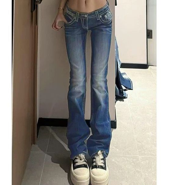 Women's Y2K Low Waist Embroidered Flared Jeans – Vintage Bluish Denim Wide Leg Pants (S-XL)_ecoleips.com