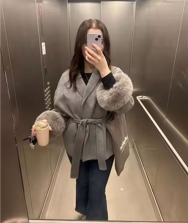 Women's Clothing Autumn And Winter Woolen Coat Short Coat Women's Cuffs Fur V Neck Lace Up Solid Color_ecoleips.com
