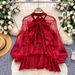 French-Inspired Lantern Sleeve Blouse – Flutter Bow Tie & Ruffled Hem For Elegant Women (6 Classic Colors, One-Size Fits Most)_ecoleips.com