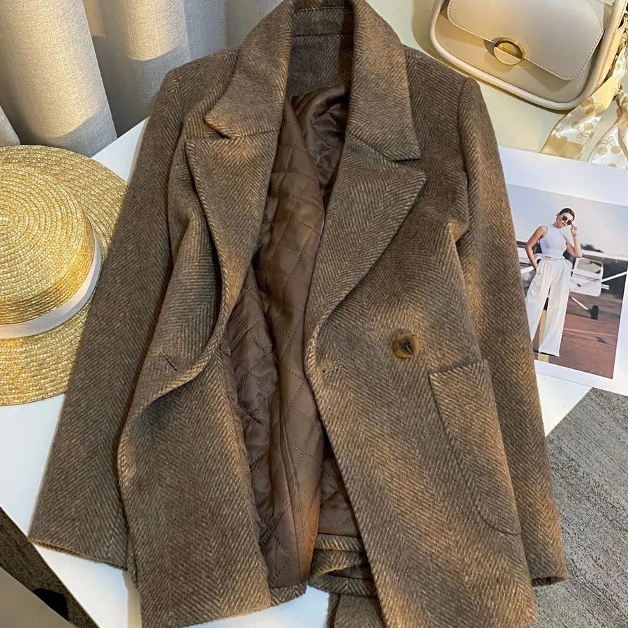Women's Vintage-Inspired Brown Wool Blend Blazer With Belted Waist – Warm Winter Office & Casual Coat (Available In Plus Sizes)_ecoleips.com
