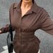 Retro Striped Print Long Sleeve Blouse V-Neck Slim Fit Women's Shirt Vintage Y2k Sassy Office-To-Club Top Brown (S/M/L)_ecoleips.com
