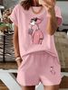 Summer New Pink Cartoon Animal Print T-Shirt, Casual Round Neck Short Sleeve Top With Elastic Waist Pocket Women's Two-Piece Set-295_ecoleips.com