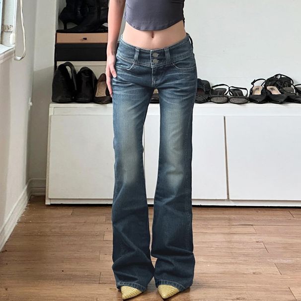 Women's Clothing Retro Wide Waist Button Down Slim Fit Low Rise Washed Denim Jeans Casual Stylish Simple Versatile Long Pants For Women_ecoleips.com