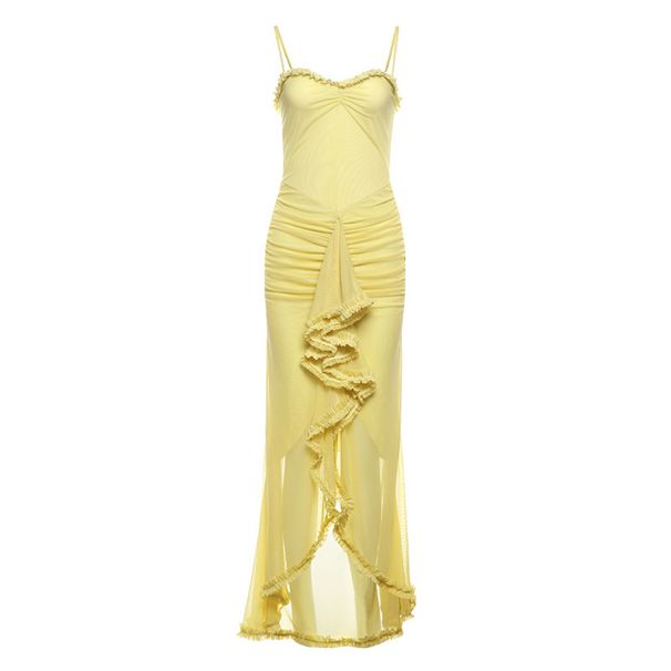 Women's Clothing New Style Temperament Sexy Backless Mesh Suspender Long Skirt Solid Color Slim Dress_ecoleips.com