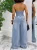 K New Collar Hanging Neck Single Breasted Backless Denim Jumpsuit For Women_ecoleips.com