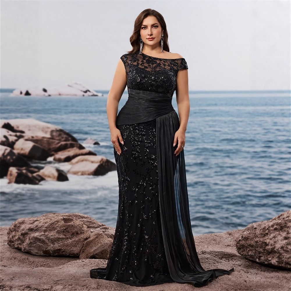 Elegant Sequined Fitted V Neck Sleeveless Cocktail Dress plus Size European American Style for Evening Parties And Banquets Mothers_ecoleips.com