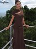 Hugcitar Elegant Turtleneck Solid Ruched Short Sleeve Hole Sexy Bandage Gown Maxi Dress Summer Vacation Clothings Party Club_ecoleips.com