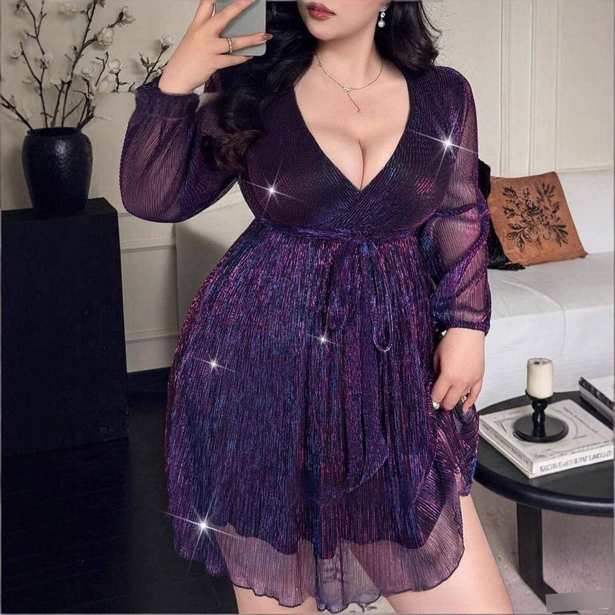 Elegant Plus Size V-Neck Evening Dress Long Sleeve Formal Gown For Women, Stylish And Flattering Fit, Available In 0XL-5XL_ecoleips.com