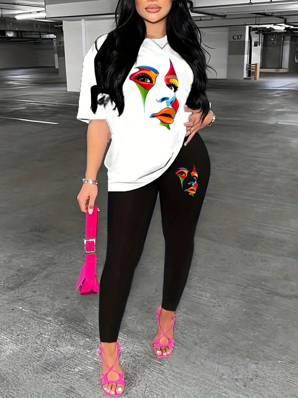 Female Casual Loose Fashion Personalized Portrait Pattern Print Loose T-shirt+cropped Pants Two-piece Set Home Sportswear Daily Wear-257_ecoleips.com
