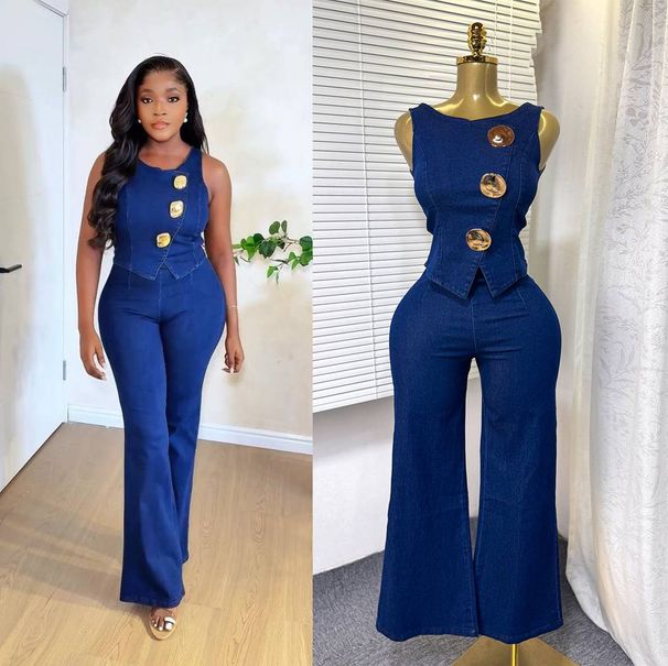 Temperament Design Metallic Buckle Round Neck Sleeveless Vest+High Waist Wide Leg Pants Denim Set For Women_ecoleips.com