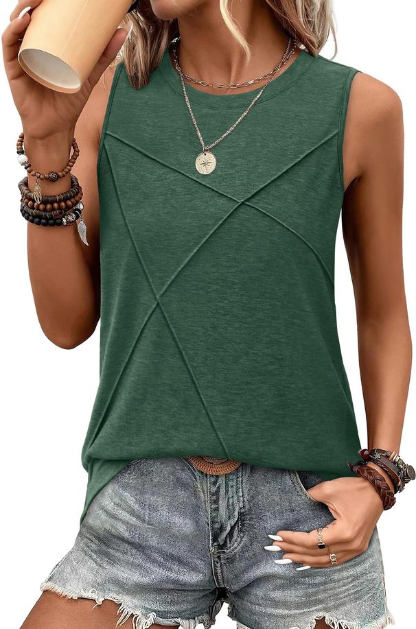 2025 Women's Summer Casual Splicing Round Neck Sleeveless Solid Color Tank Top T-Shirt_ecoleips.com