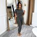 TW880 Women's Summer Fashion Sporty Two Piece Set round Neck Short Sleeve Top with High Waist Elastic Solid Color Long Pants_ecoleips.com