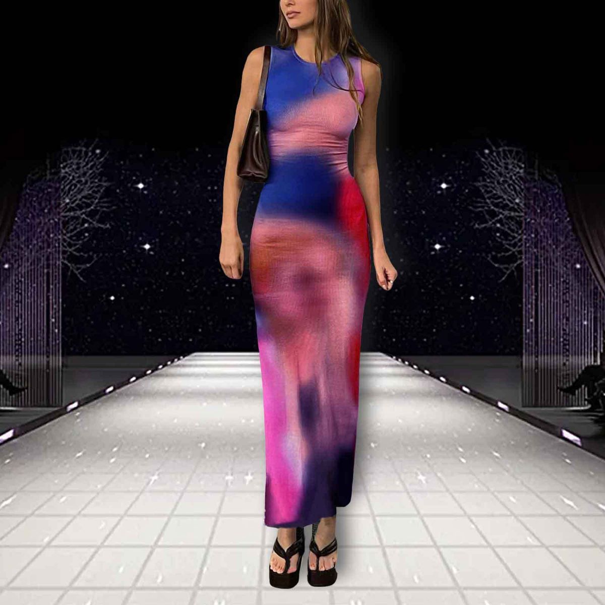 Women's Clothing New Fashion Digital Printing Slit Round Neck Hip Wrapped Slim Sleeveless Dress_ecoleips.com